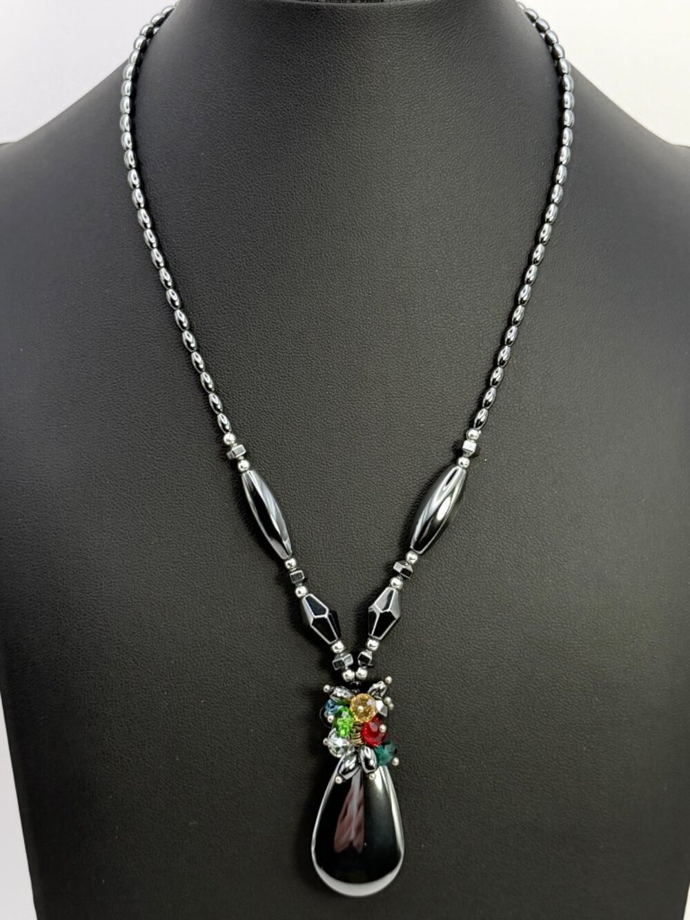 Hematite Black Teardrop Pendant Necklace Multicolor Crystal Cluster 18”